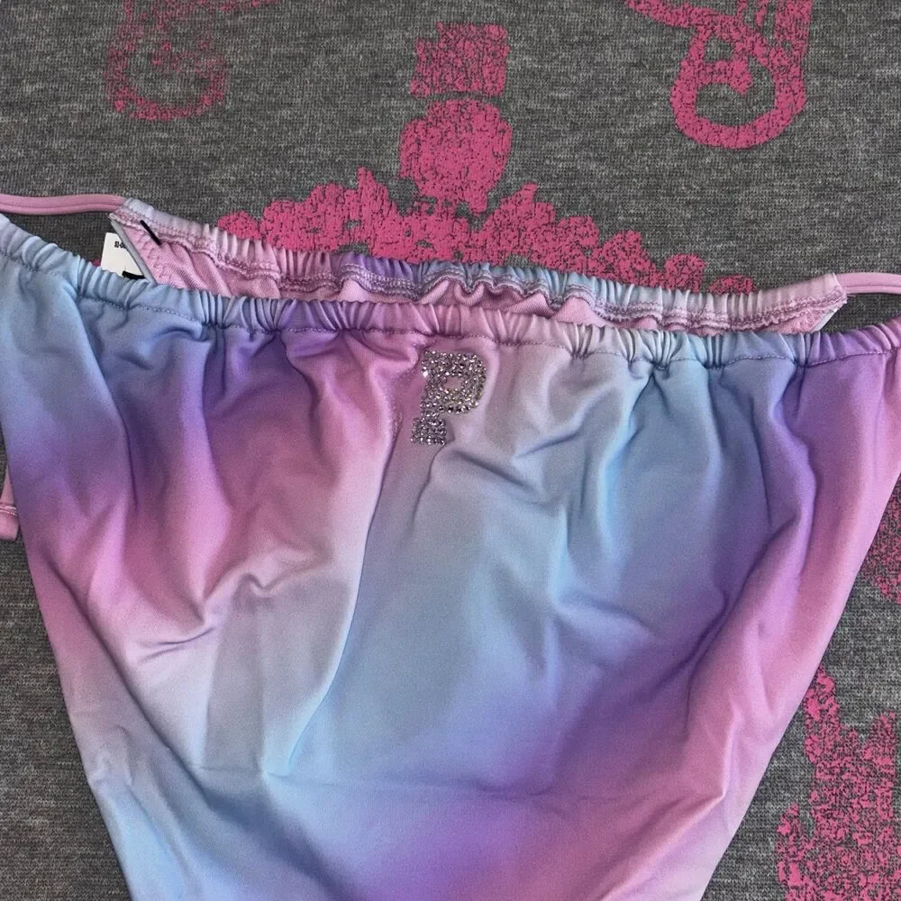 Victorias Secret PINK Rainbow Ombre Cotton Candy Bling String Bikini Set XS